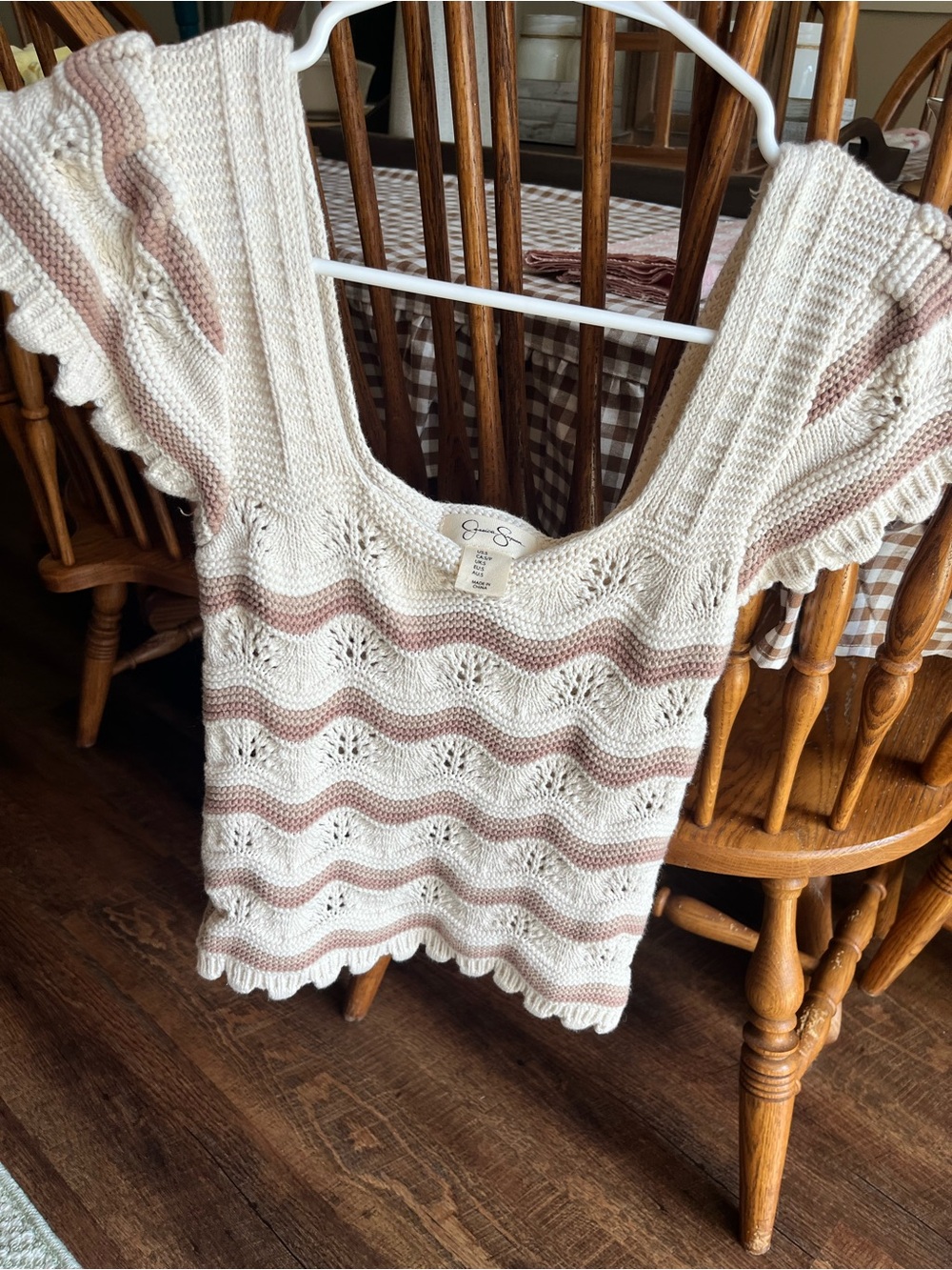 Jessica Simpson Cream Striped Crochet Scoop Neck Sweater, Flutter Sleeve